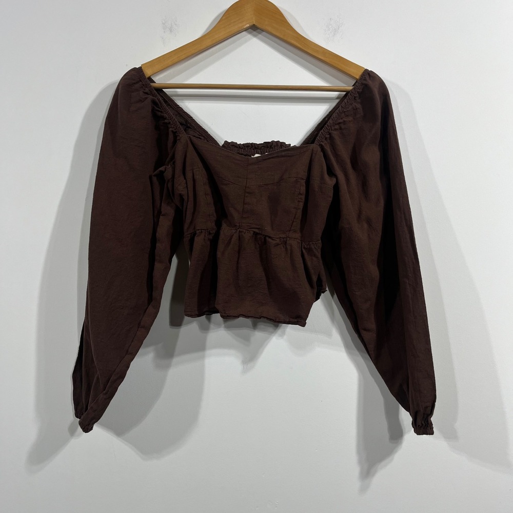 Sim & Sam Renfair Milkmaid Linen Smocked Boho Crop Top Women Small Coquette